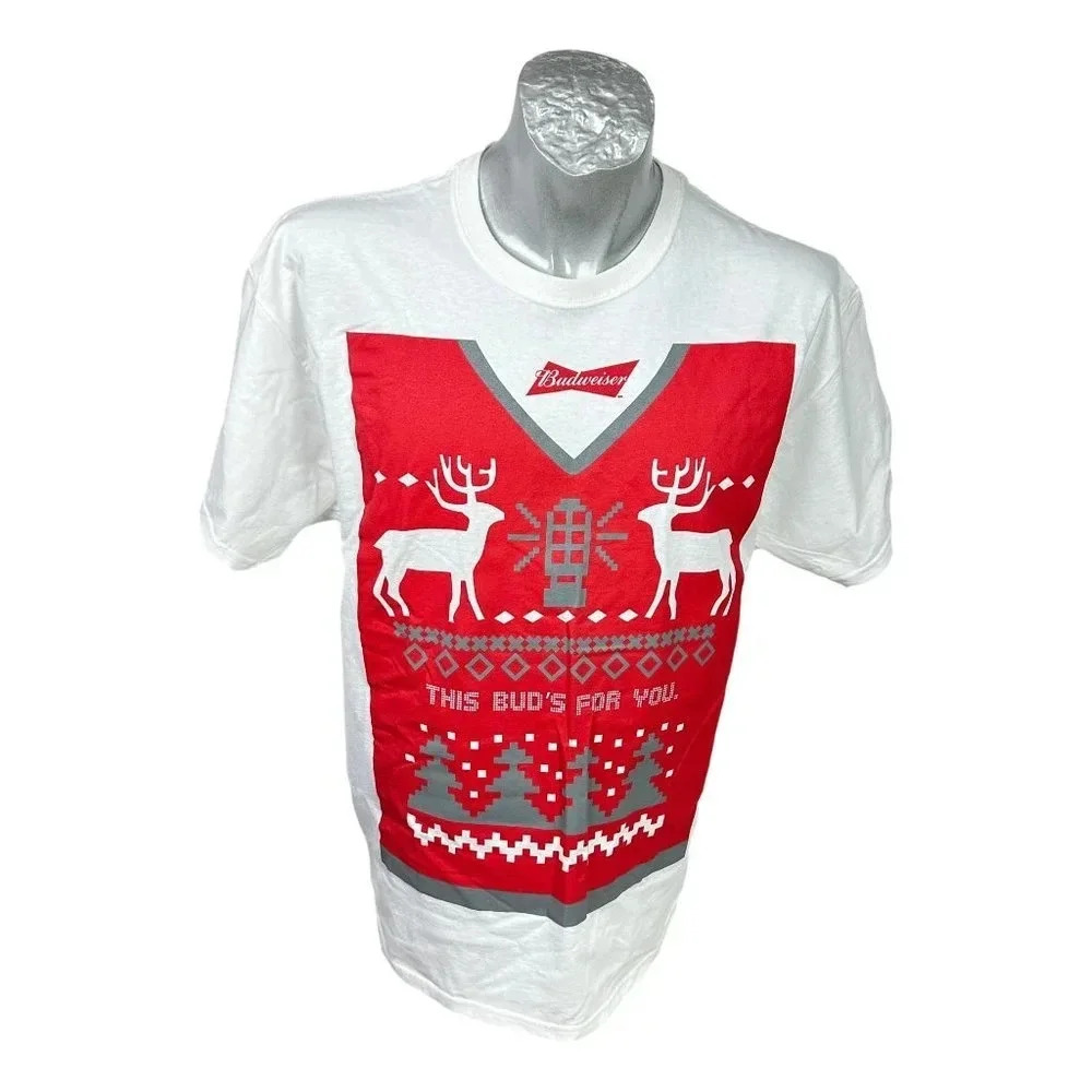 Budweiser Beer  T-Shirt Mens Shirt Size L‎ Christmas White Red Print New